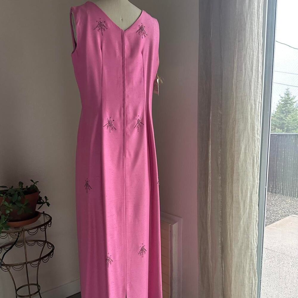 Women’s Large Dress Rose Pink Structured Full Silk Beaded Gown & Stole 1970s - Picture 3 of 7